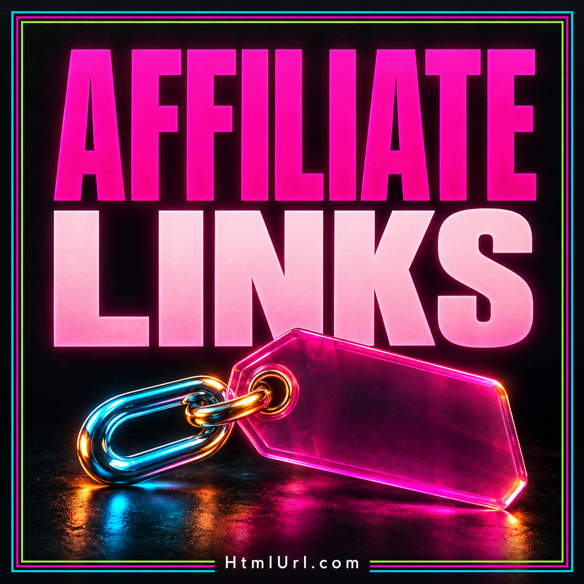 Affiliate Links in bold neon typography with connected link shapes and a multicolor frame.