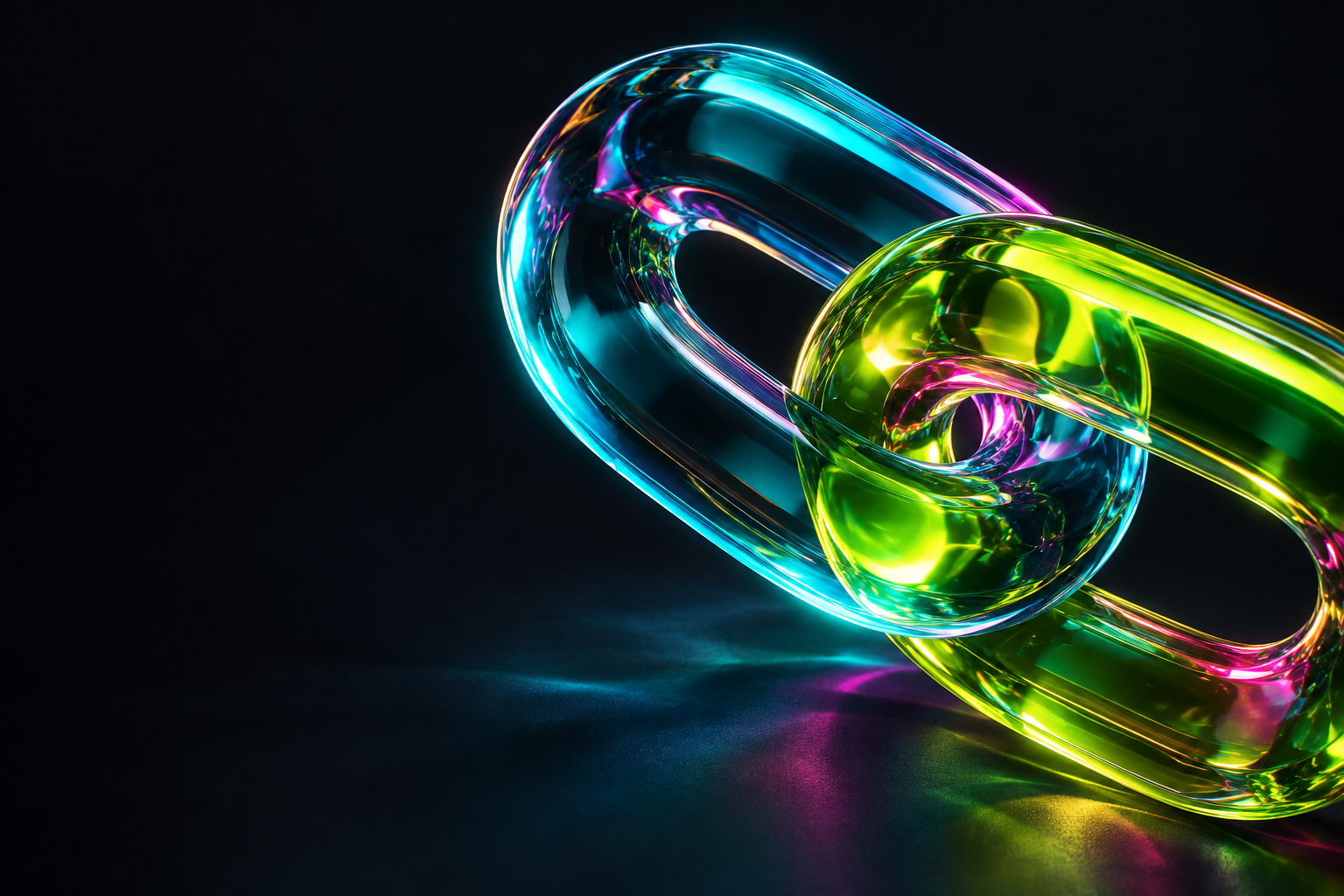 Interlocking luminous cyan and lime glass links with magenta reflections.