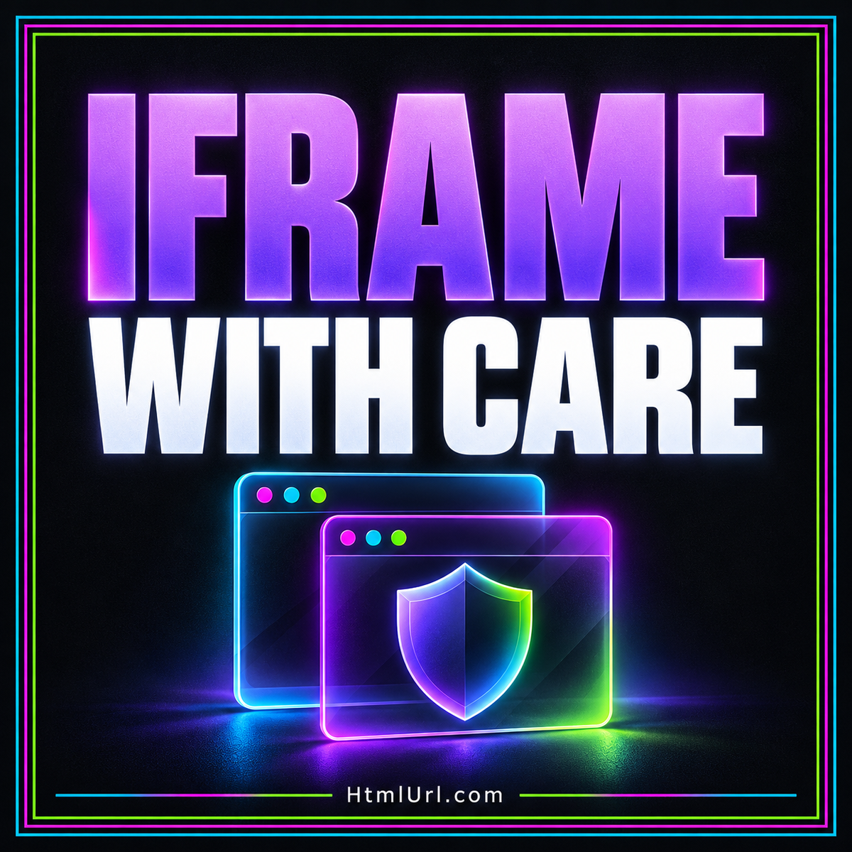 Iframe With Care typography with nested frame artwork and neon pinstripes.