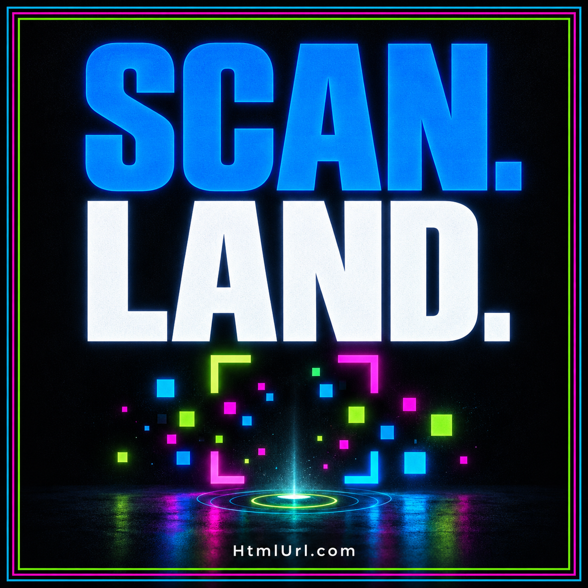 Scan. Land. typography with an abstract scan motif and multicolor pinstripes.