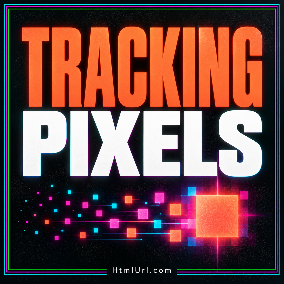 Tracking Pixels typography with glowing pixel shapes and a colorful pinstripe frame.