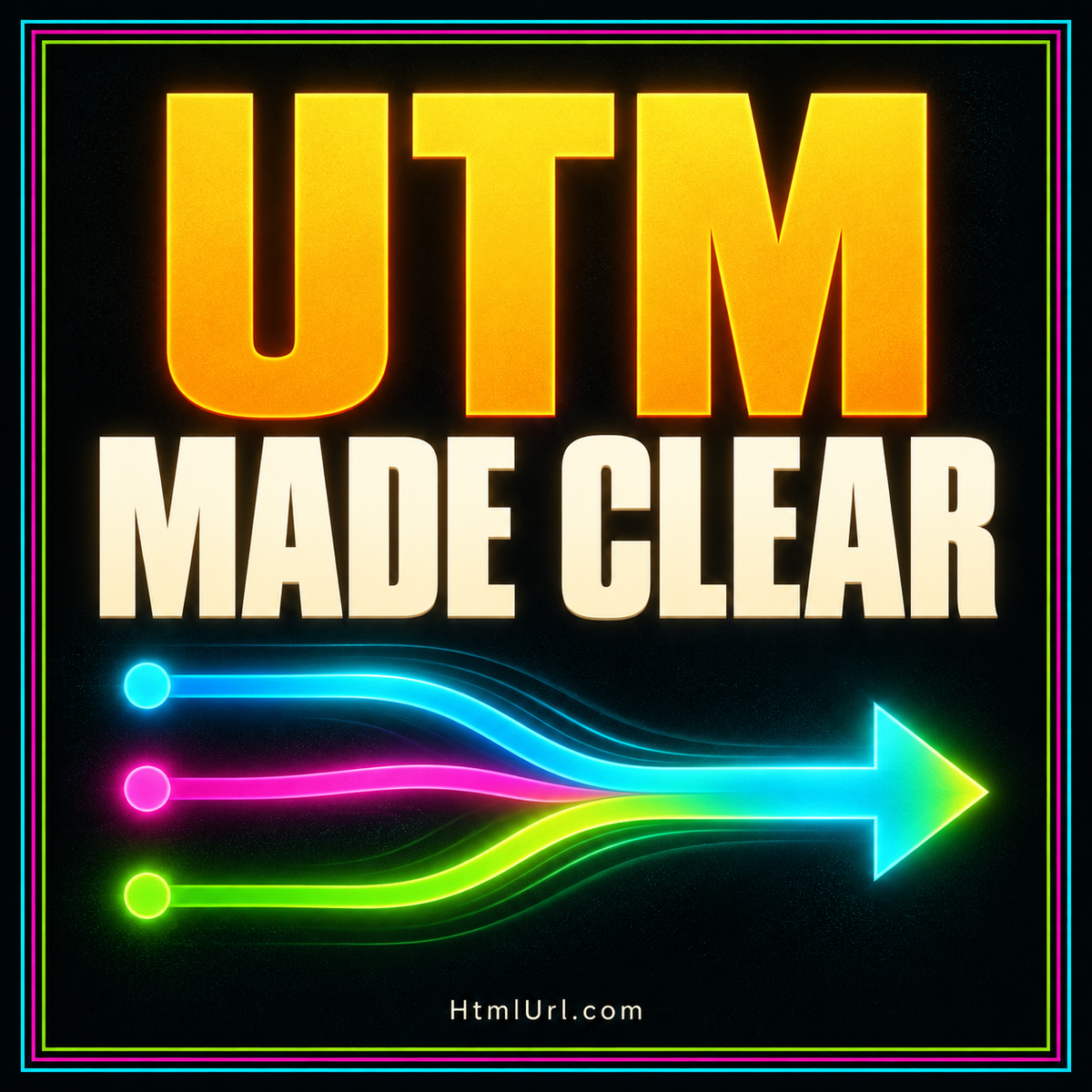 UTM Made Clear typography on a vivid campaign-themed card with a rainbow border.